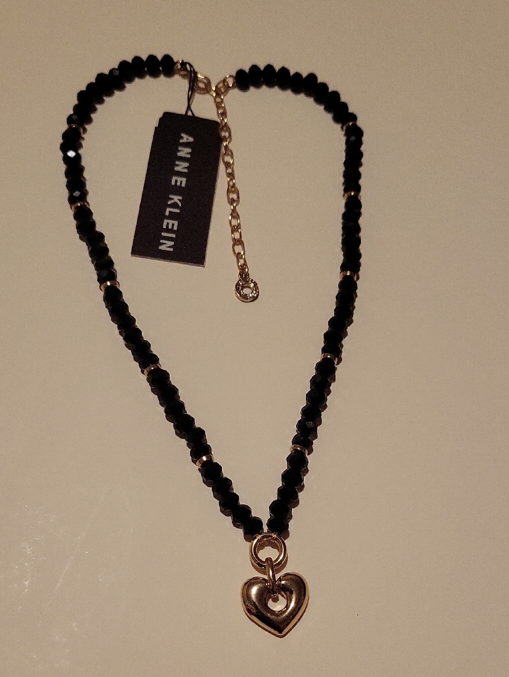 Anne Klein Black Beaded Necklace with Gold Heart Charm